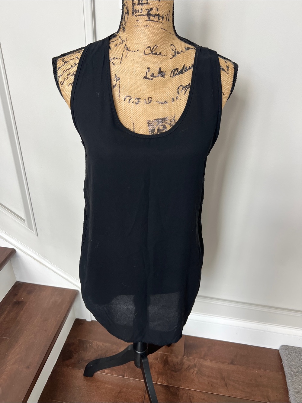 Sophie Rue Black Scoop Neck Sleeveless Tank lace sides. Medium